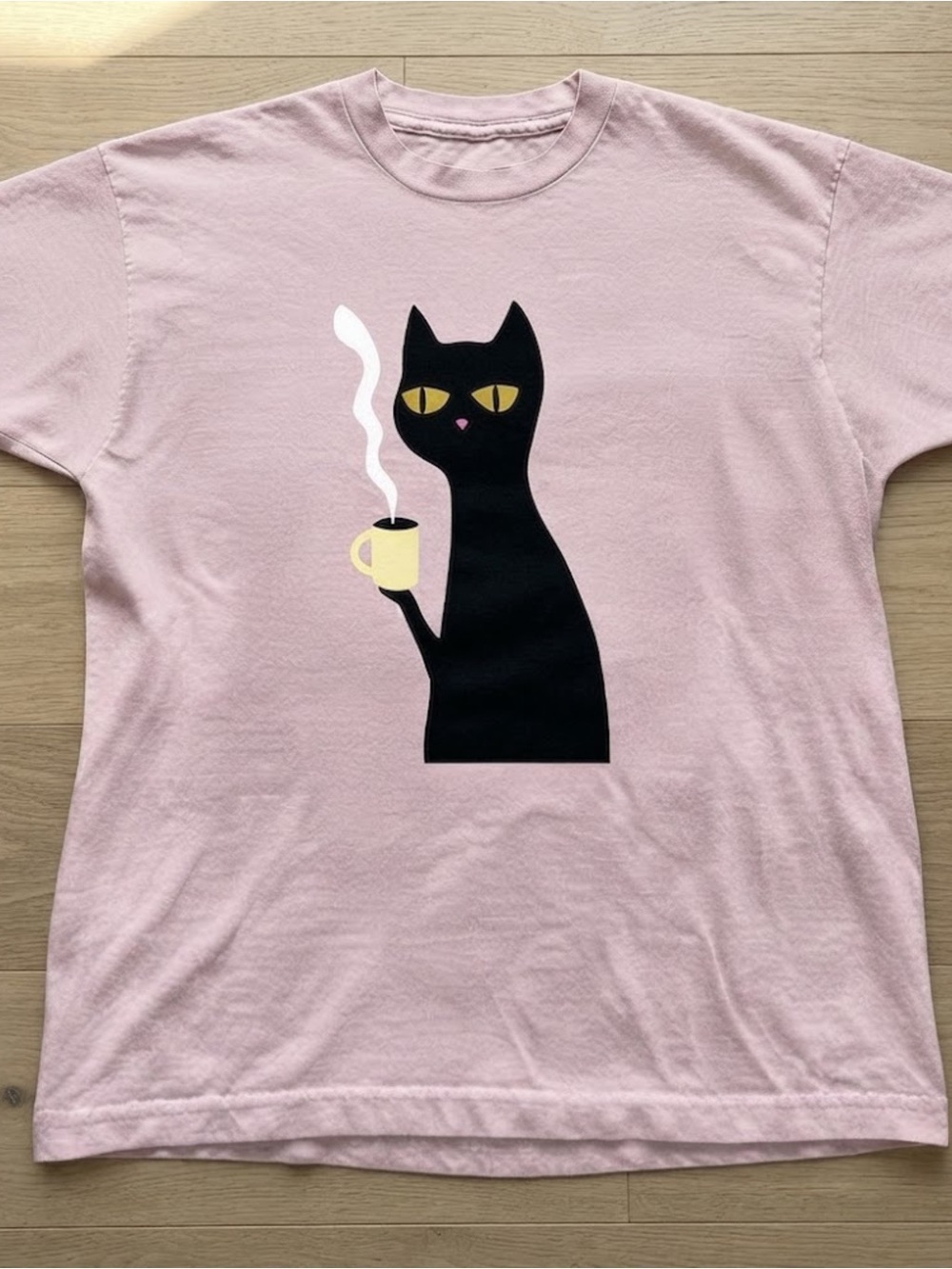 Black Cat Drinking Coffee Cute Graphic Tee Pink Shirt Gildan T-Shirt